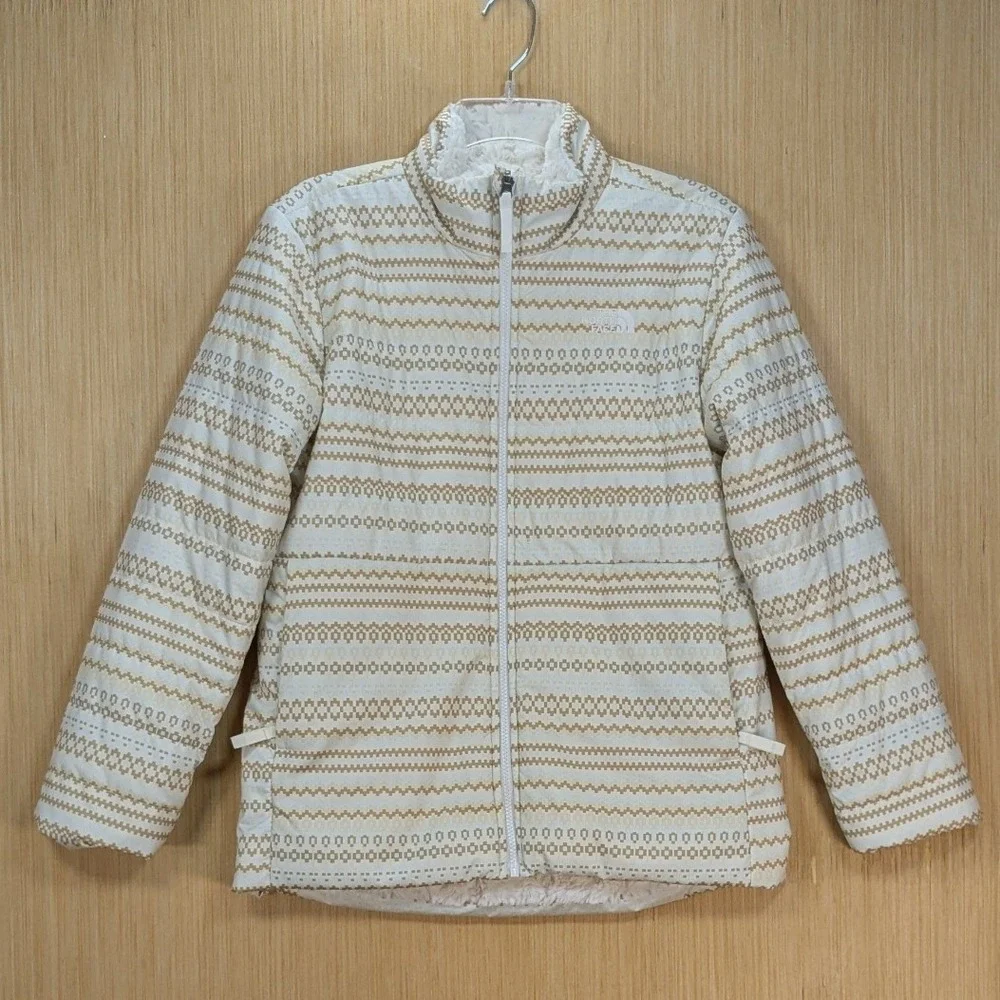 The North Face Girls XL‎ 18 Reversible Mossbud Swirl Jacket Tan White Fair Isle